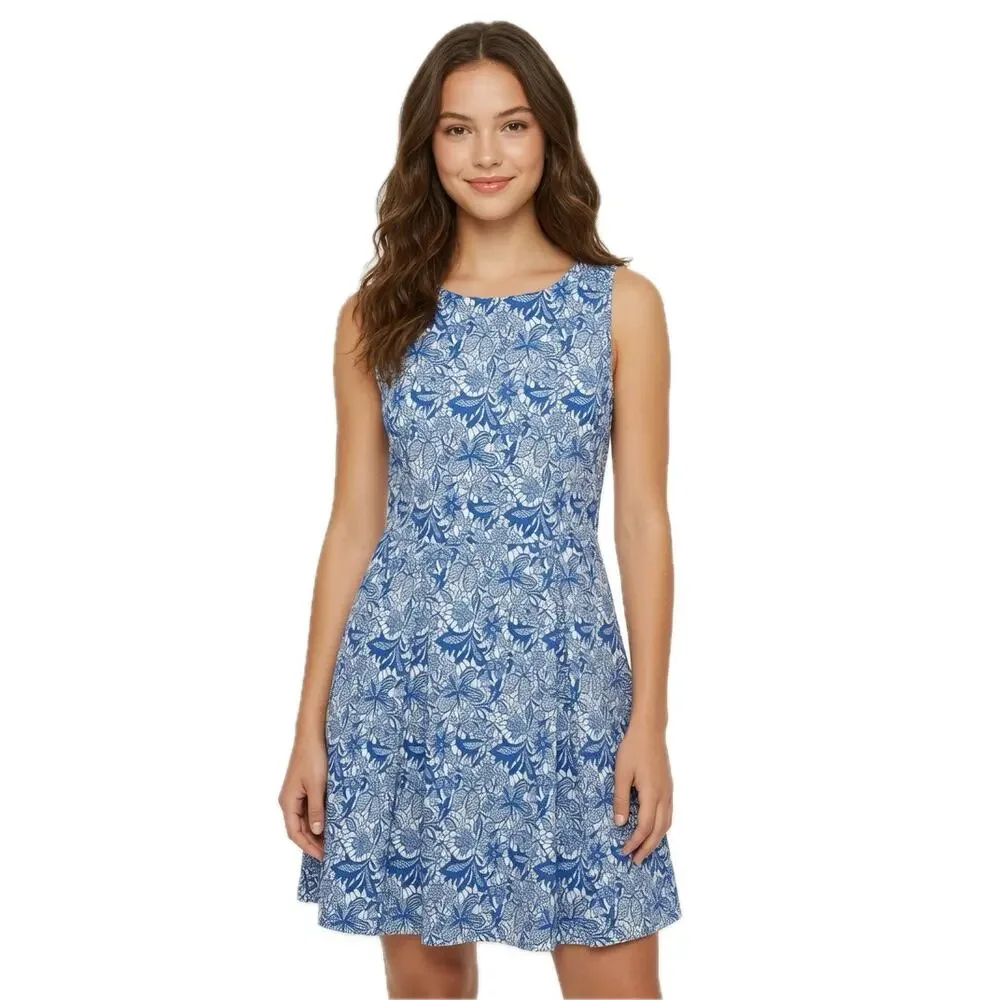 Fury Sleeveless Floral Pattern A Line Floral Blue Summer Dress Medium